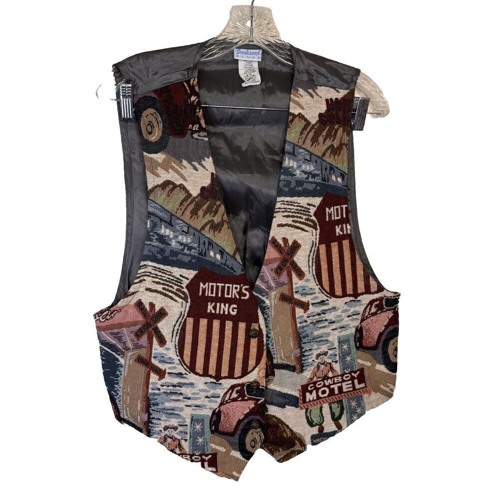 VTG Backroad Blues Cowboy Motel Tapestry Vest Waistcoat Womens Sz XL 90's